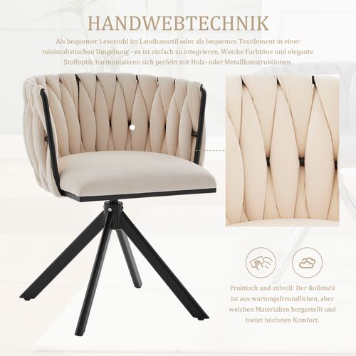 Fauteuil Velours 180° Pivotant Avec Structure Métallique Noire Renforcée, Lot De 2, Crème