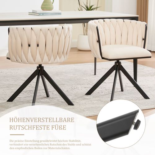 Fauteuil Velours 180° Pivotant Avec Structure Métallique Noire Renforcée, Lot De 2, Crème