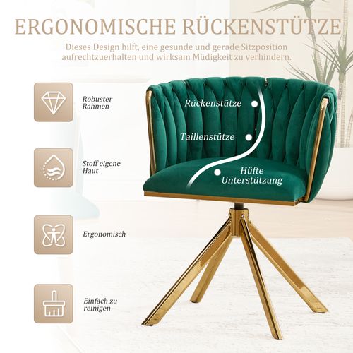 Fauteuil Velours 180° Pivotant Avec Structure Métallique Dorée Renforcée, Lot De 2, Vert