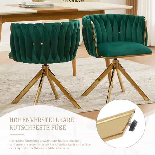Fauteuil Velours 180° Pivotant Avec Structure Métallique Dorée Renforcée, Lot De 2, Vert