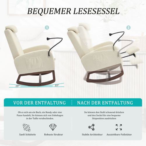 Fauteuil à Bascule Multifonction En Côtelé Avec Dossier Haut Et Repose-pieds, Beige