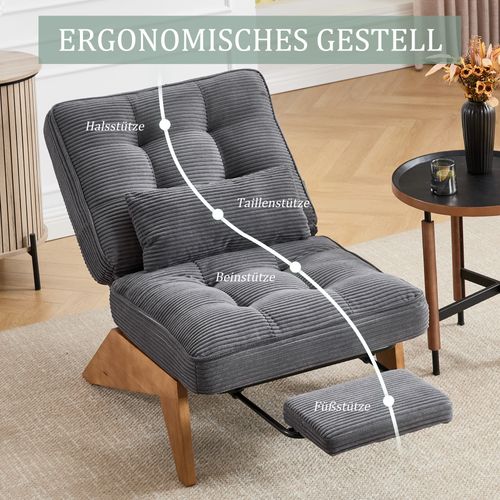 Fauteuil Lounge Réglable Avec Repose-pieds Et Coussin Lombaire, Tissu Gris Foncé