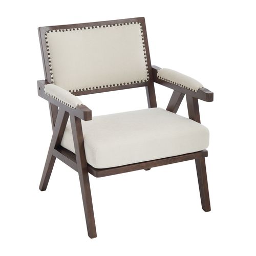 Fauteuil Lounge Tissu Rétro Milieu Du Siècle Avec Accoudoirs Et Structure Bois Beige Élégant