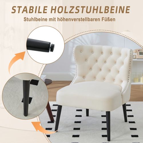Fauteuil Sans Accoudoirs En Velours Avec Boutons Diamant Et Pieds Bois Massif Beige