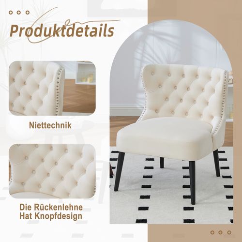 Fauteuil Sans Accoudoirs En Velours Avec Boutons Diamant Et Pieds Bois Massif Beige