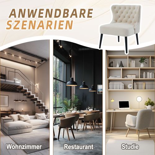 Fauteuil Sans Accoudoirs En Velours Avec Boutons Diamant Et Pieds Bois Massif Beige