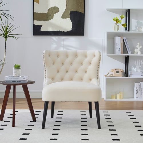 Fauteuil Sans Accoudoirs En Velours Avec Boutons Diamant Et Pieds Bois Massif Beige