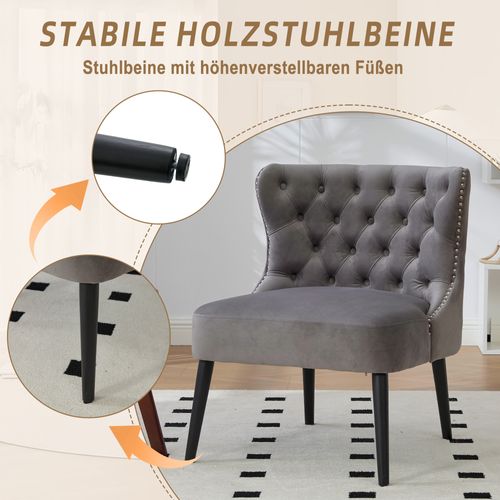 Fauteuil Sans Accoudoirs En Velours Avec Boutons Diamant Et Pieds Bois Massif Gris