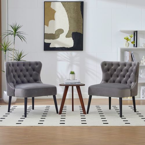 Fauteuil Sans Accoudoirs En Velours Avec Boutons Diamant Et Pieds Bois Massif Gris