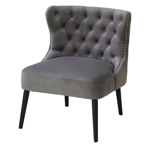 Fauteuil Sans Accoudoirs En Velours Avec Boutons Diamant Et Pieds Bois Massif Gris