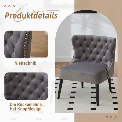 Fauteuil Sans Accoudoirs En Velours Avec Boutons Diamant Et Pieds Bois Massif Gris