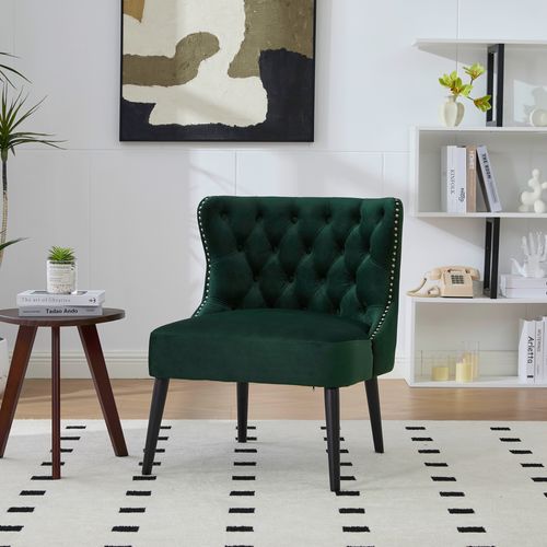 Fauteuil Sans Accoudoirs En Velours Avec Boutons Diamant Et Pieds Bois Massif Vert