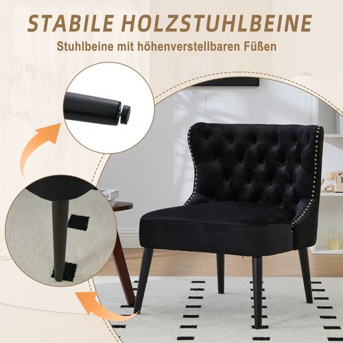 Fauteuil Sans Accoudoirs En Velours Avec Boutons Diamant Et Pieds Bois Massif Noir