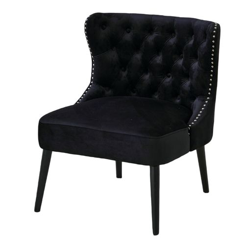 Fauteuil Sans Accoudoirs En Velours Avec Boutons Diamant Et Pieds Bois Massif Noir