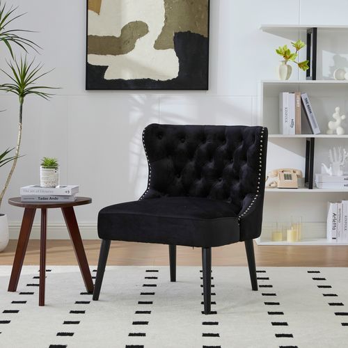 Fauteuil Sans Accoudoirs En Velours Avec Boutons Diamant Et Pieds Bois Massif Noir