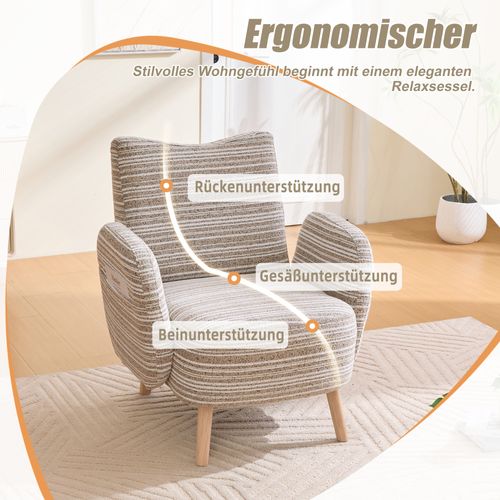 Fauteuil Moderne En Tissu à Motifs Circulaires Avec Poches Latérales Et Pieds En Bois, Kaki