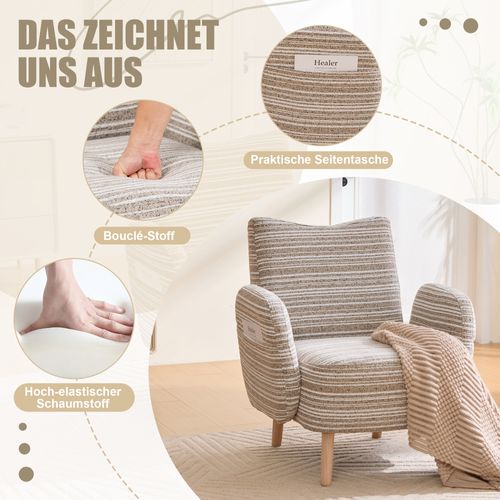 Fauteuil Moderne En Tissu à Motifs Circulaires Avec Poches Latérales Et Pieds En Bois, Kaki