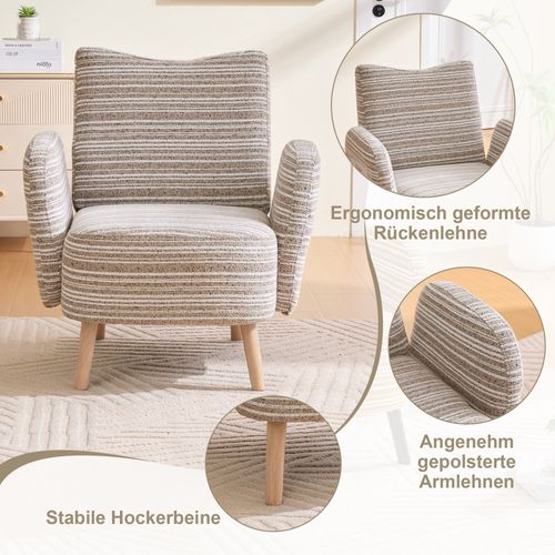 Fauteuil Moderne En Tissu à Motifs Circulaires Avec Poches Latérales Et Pieds En Bois, Kaki