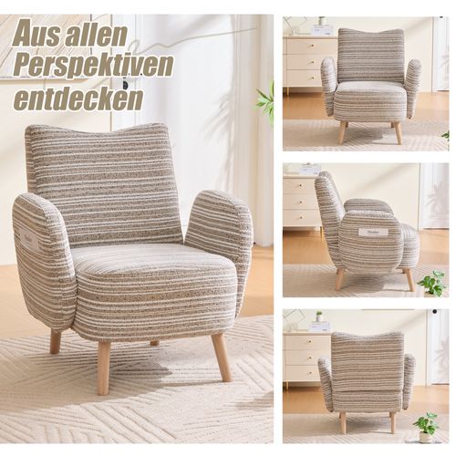 Fauteuil Moderne En Tissu à Motifs Circulaires Avec Poches Latérales Et Pieds En Bois, Kaki