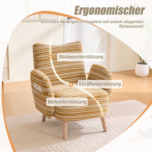 Fauteuil Moderne En Tissu à Motifs Circulaires Avec Poches Latérales Et Pieds En Bois, Jaune