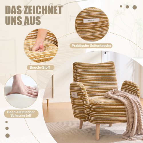 Fauteuil Moderne En Tissu à Motifs Circulaires Avec Poches Latérales Et Pieds En Bois, Jaune
