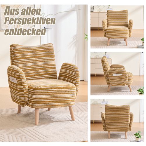 Fauteuil Moderne En Tissu à Motifs Circulaires Avec Poches Latérales Et Pieds En Bois, Jaune