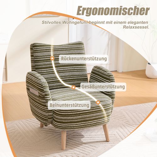 Fauteuil Moderne En Tissu à Motifs Circulaires Avec Poches Latérales Et Pieds En Bois, Vert Olive