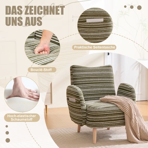 Fauteuil Moderne En Tissu à Motifs Circulaires Avec Poches Latérales Et Pieds En Bois, Vert Olive
