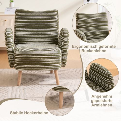 Fauteuil Moderne En Tissu à Motifs Circulaires Avec Poches Latérales Et Pieds En Bois, Vert Olive
