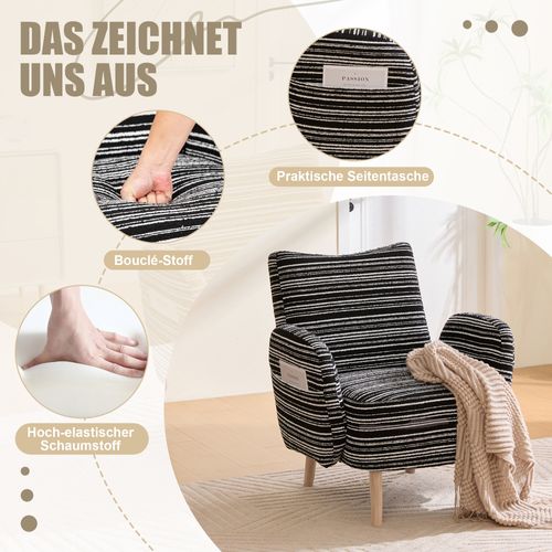 Fauteuil Moderne En Tissu à Motifs Circulaires Avec Poches Latérales Et Pieds En Bois, Noir