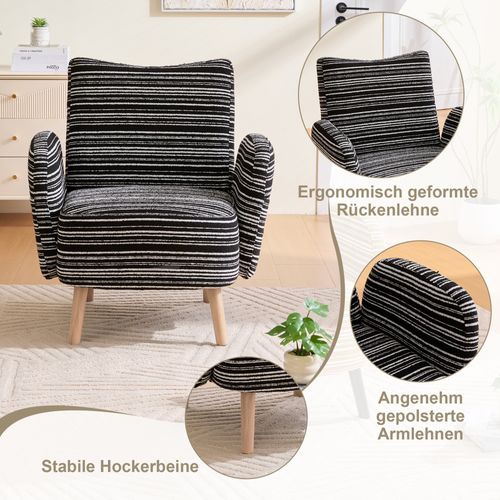 Fauteuil Moderne En Tissu à Motifs Circulaires Avec Poches Latérales Et Pieds En Bois, Noir