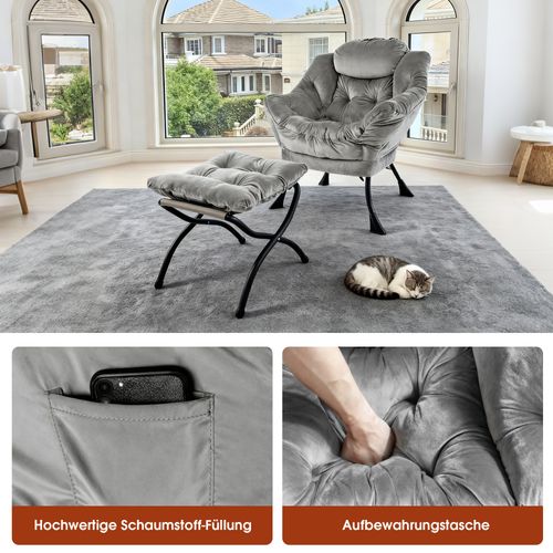 Fauteuil Relax Avec Repose-pieds Et Poche Latérale, Confortable Pour Salon Et Bureau, Gris