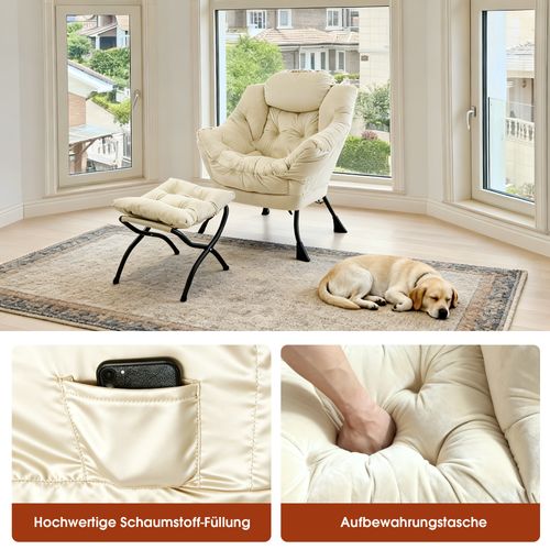 Fauteuil Relax Avec Repose-pieds Et Poche Latérale, Confortable Pour Salon Et Bureau, Beige