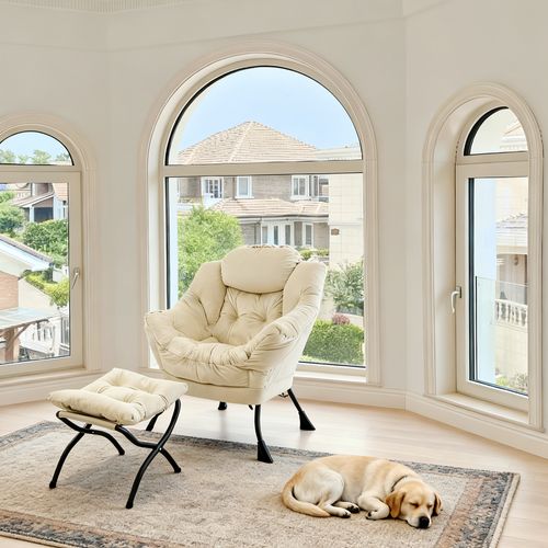 Fauteuil Relax Avec Repose-pieds Et Poche Latérale, Confortable Pour Salon Et Bureau, Beige