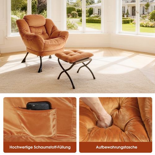 Fauteuil Relax Avec Repose-pieds Et Poche Latérale, Confortable Pour Salon Et Bureau, Orange