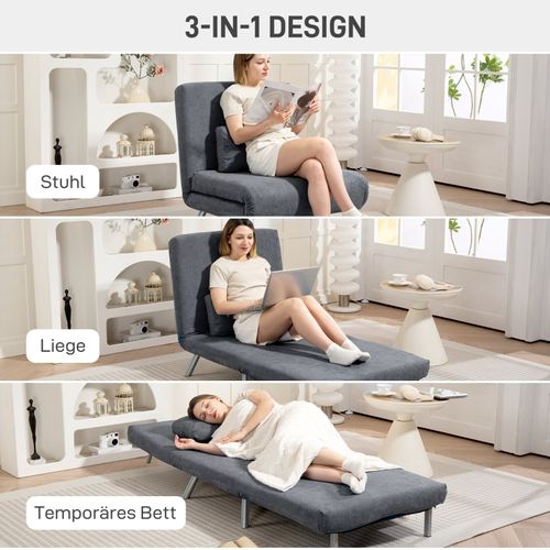 Fauteuil-lit Convertible 2-en-1 Gris Foncé Avec Dossier Réglable Et Coussin