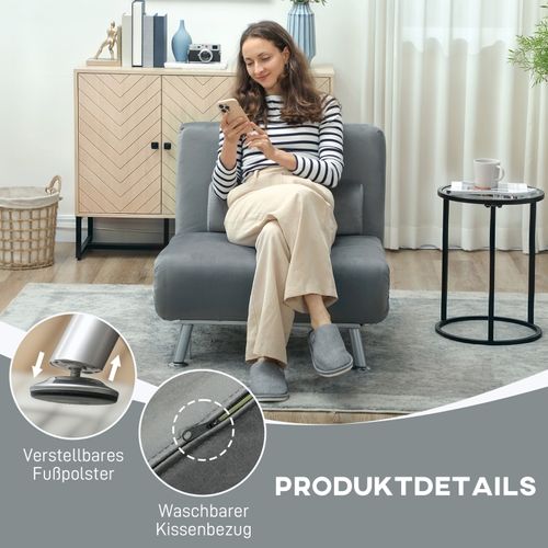 Fauteuil-lit Pliant En Velours Gris Avec Dossier Inclinable, 2-en-1