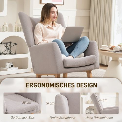 Fauteuil à Bascule Rétro En Velours Gris Clair, Haut Dossier, Structure Bois Caoutchouc