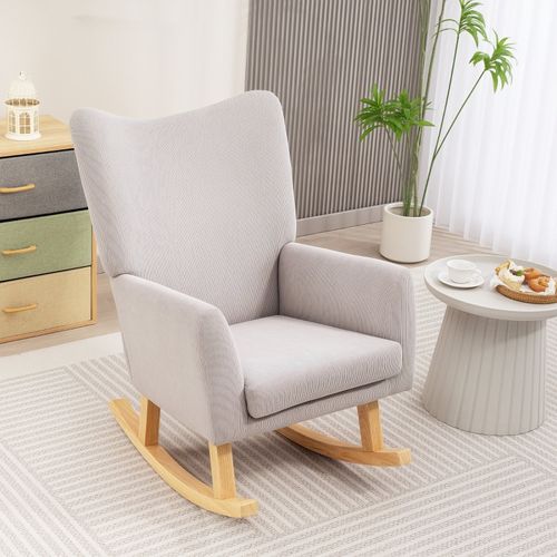 Fauteuil à Bascule Rétro En Velours Gris Clair, Haut Dossier, Structure Bois Caoutchouc