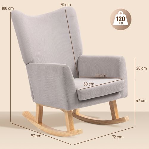 Fauteuil à Bascule Rétro En Velours Gris Clair, Haut Dossier, Structure Bois Caoutchouc