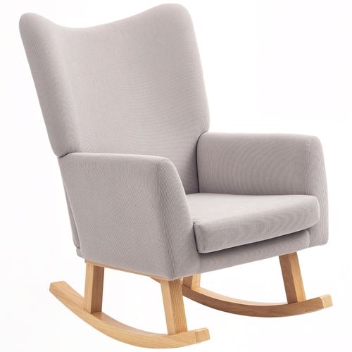 Fauteuil à Bascule Rétro En Velours Gris Clair, Haut Dossier, Structure Bois Caoutchouc