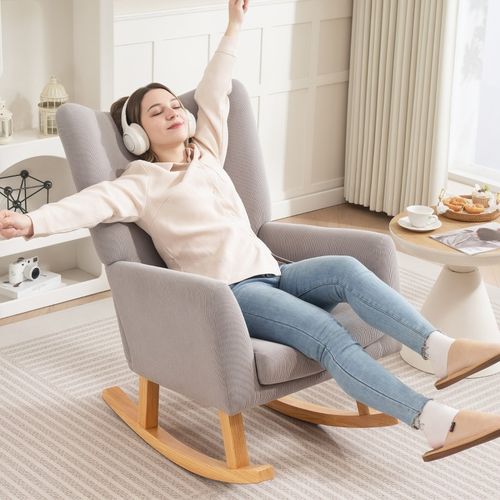 Fauteuil à Bascule Rétro En Velours Gris Clair, Haut Dossier, Structure Bois Caoutchouc