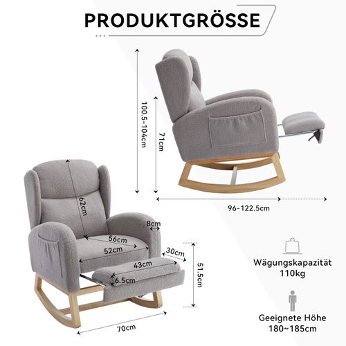 Fauteuil à Bascule Et Lounge Avec Repose-pieds Pliable, Tissu Teddy Gris
