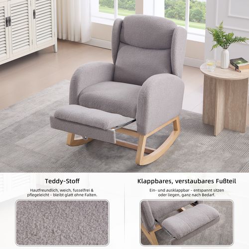 Fauteuil à Bascule Et Lounge Avec Repose-pieds Pliable, Tissu Teddy Gris