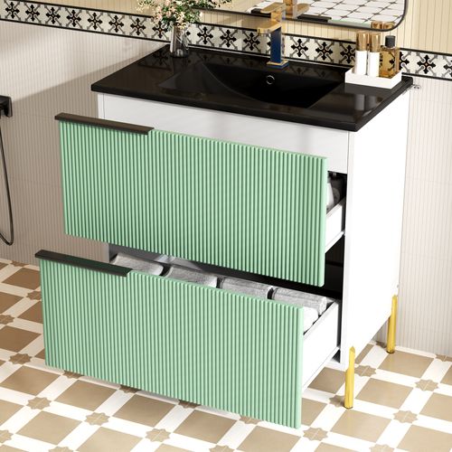 Meuble Sous-vasque Salle De Bain 81,5 Cm Avec Lavabo Céramique Et Rangements, Vert Moderne