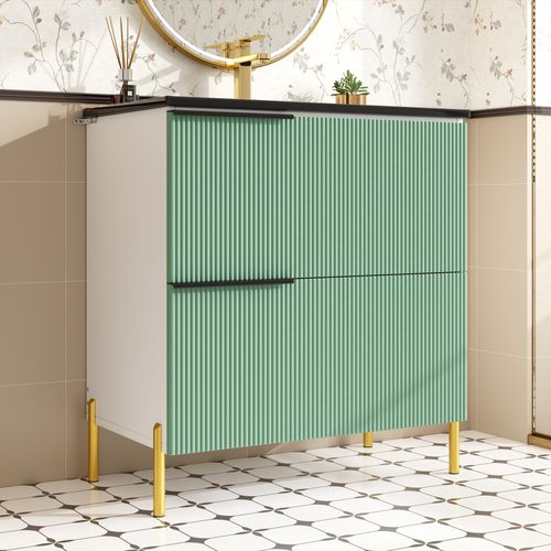 Meuble Sous-vasque Salle De Bain 81,5 Cm Avec Lavabo Céramique Et Rangements, Vert Moderne