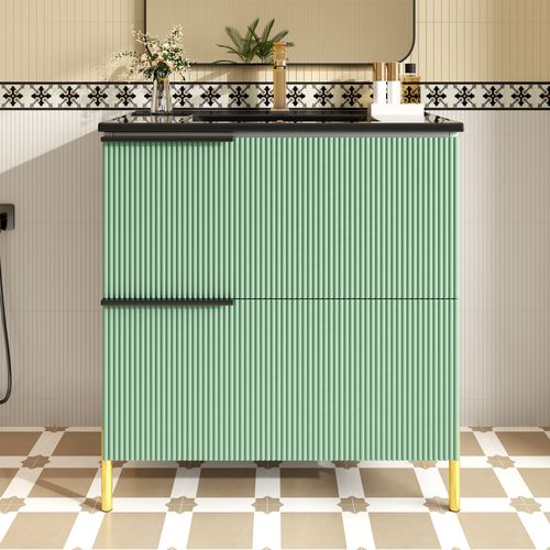 Meuble Sous-vasque Salle De Bain 81,5 Cm Avec Lavabo Céramique Et Rangements, Vert Moderne