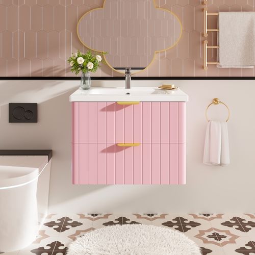 Meuble Sous-vasque Suspendu 60,5 Cm Avec Lavabo Céramique Et Rangements, Rose Élégant