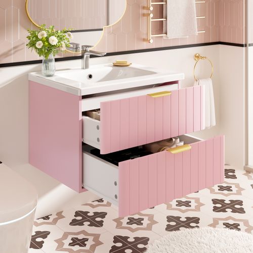 Meuble Sous-vasque Suspendu 60,5 Cm Avec Lavabo Céramique Et Rangements, Rose Élégant