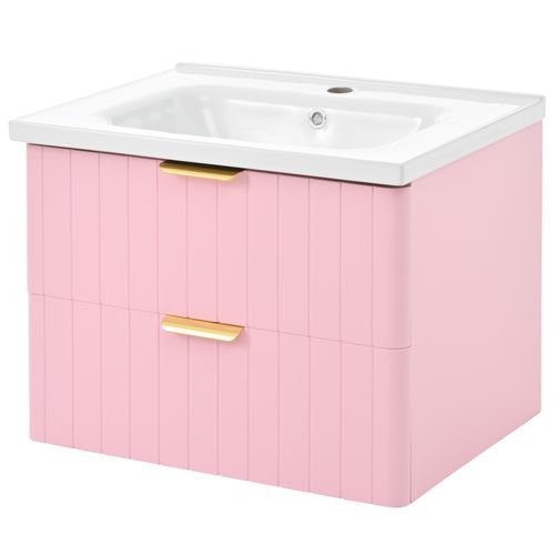 Meuble Sous-vasque Suspendu 60,5 Cm Avec Lavabo Céramique Et Rangements, Rose Élégant